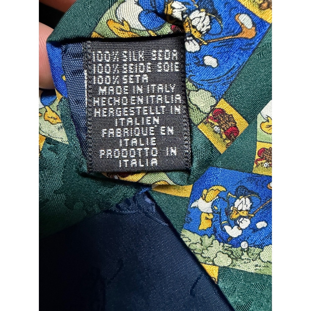 Disney Store Donald Duck Golf Silk Tie Green Blue Made in Italy Vintage - Picture 4 of 7